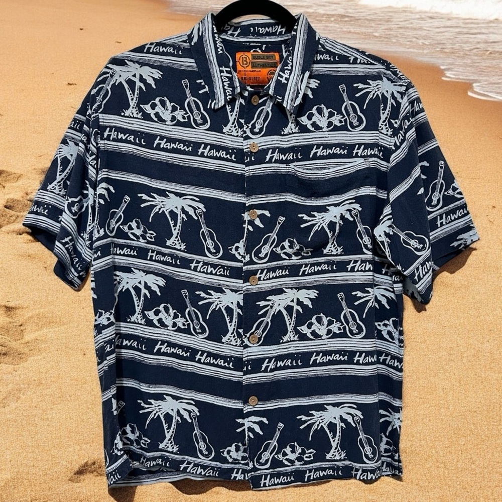 Vintage Bugle Boy Dark Blue Hawaiian Print Shirt. Size Medium